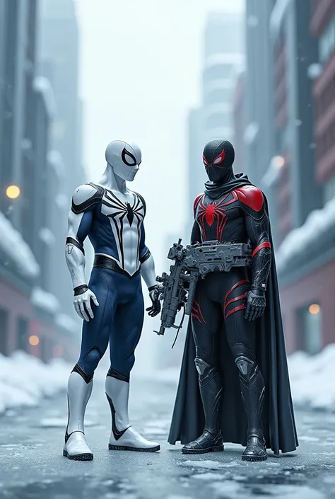 White Spiderman next to Black Spiderman super weapon in Ice City