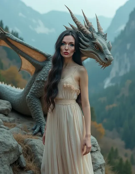 the portrait is large to the waist. He looks at the viewer. Create a fashionable, vibrant image of a young girl at the age of 25 who poses playfully. The girl has a unique, professional makeup. Long dark hair, a big realistic dragon next to her, She wears ...