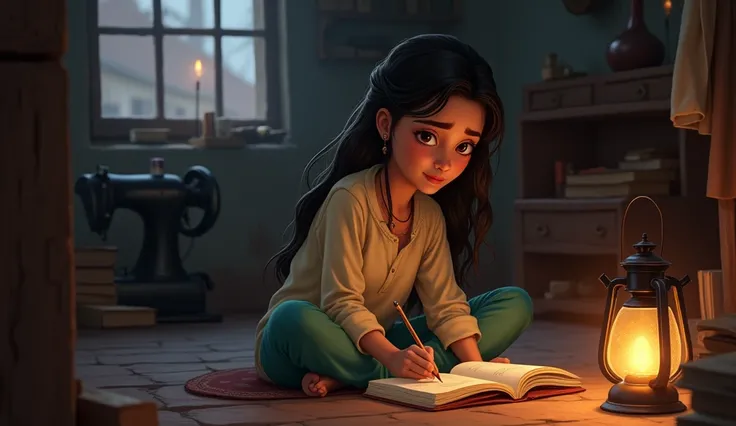 Ayesha sits on the floor of her simple, dimly lit room at night, holding the magical notebook open on her lap. Her face is focused and filled with hope as she writes her biggest dream with a pencil. A single lantern glows softly beside her, casting warm li...