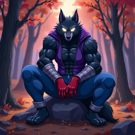  A black muscular wolf furry jock with white glowing eyes without pupils in silver bracelets, In white boots, wearing blue pants ,  in a purple zippered sleeveless sweater, wearing red gloves sits on a rock in the autumn forest at night in cartoon style