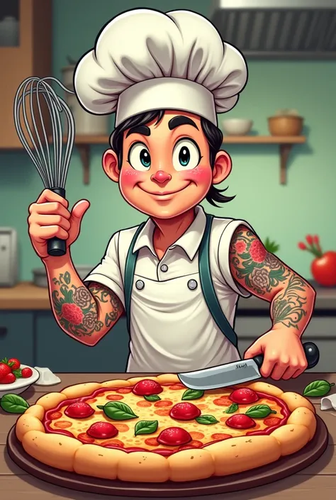 chef tattoo cartoon con pizzetto,  coltello e frusta da cucina