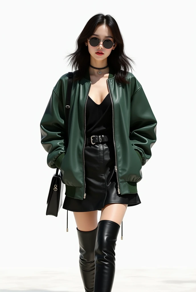 Beautiful asian woman in the leather bomber oversized dark green jacket and leather belt and black leather skirt and long leather boots and leather bag and black okulary and walking in the white screen