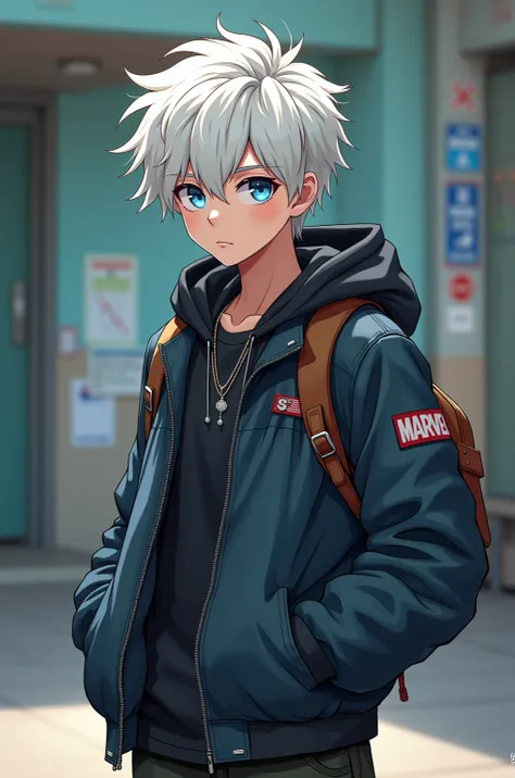 peter parker, dressed in grunge style/Modern, 17 ans, white hair,  textured ruffled cut,  crystal blue eyes ,  anime-manga style , white skin,  school background, corps complet