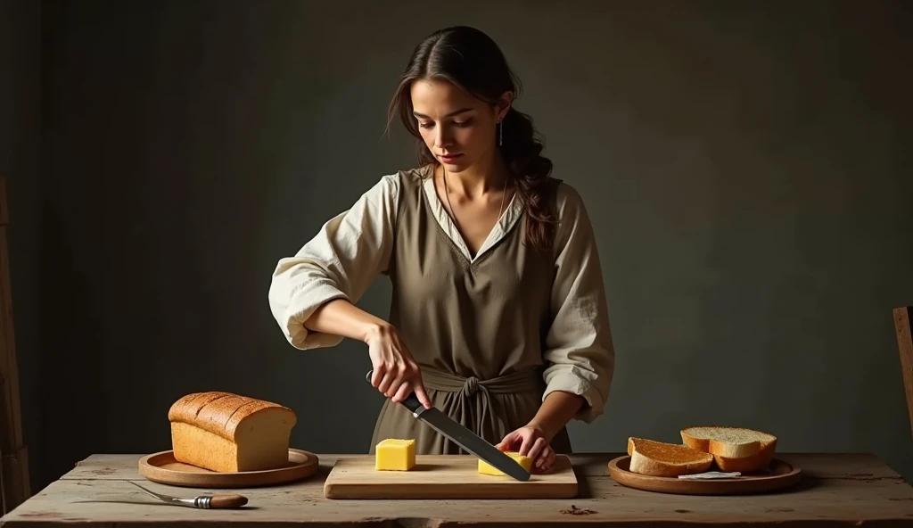 Woman with knife in hand, Bread and butter on the table 