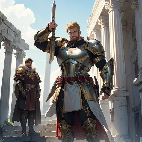 Masterpiece, HD, High Resolution, High Quality, Best Quality, Super Detailed. Solo character alone. Science fantasy art. “Warhammer 40K aesthetic”.
{{(A 1000-years-old roman-emperor-demigod warrior-paladin:(appearance: shorter-blonde-hair. White-laurels on...