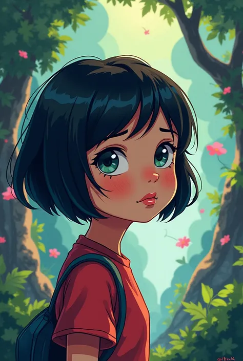 Create a cartoon character for me in the style of The Legend of Cora
girl with black hair short haircut
A girl with a powerful insight into her struggles
Seventeen years old
