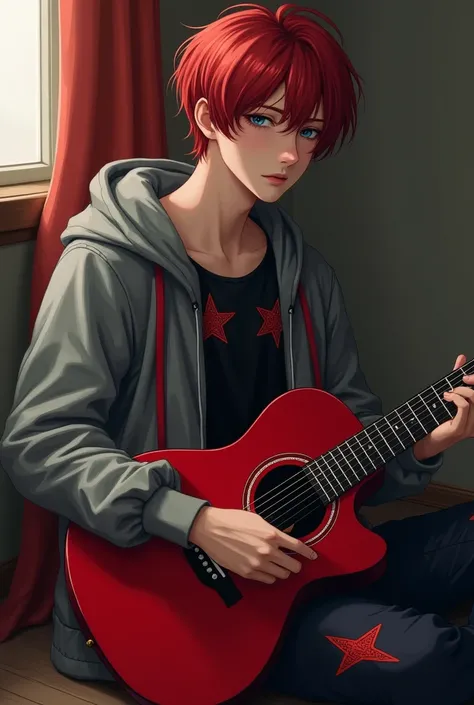 
a young man with delicate features and dark red hair holding a red guitar sitting on the floor 
 
The short, messy hair, the blue-colored eyes, and the tired looking. 

gray sweatshirt and a black blouse with a star stitching of red lines a pair of pants ...