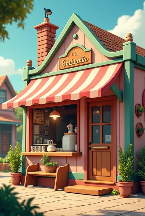 Rustic Aesthetic ice cream parlor in shades of wood, salmon and water green 