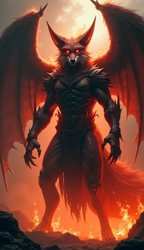 Tall Anthropomorphic Fox In The Form Of A Demon,  red eyes.spikes.fire.claws.wings.dark pants