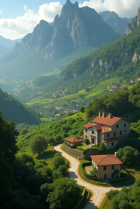 Aerial view from forest mountain stone houses farm farmers fruit trees Portugal countryside 