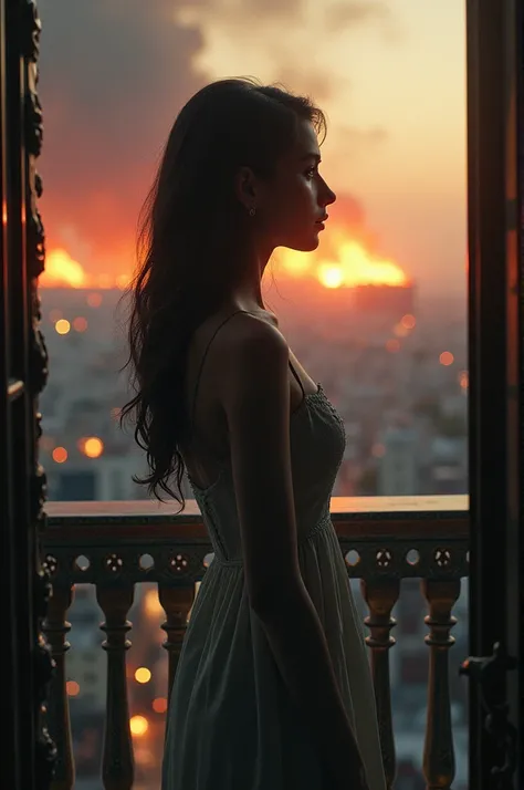 a iranian girl that standing in balcony and watching to fires 