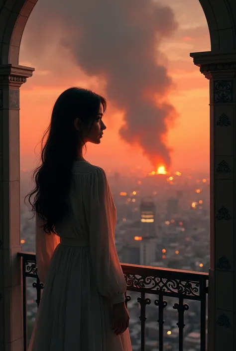 a iranian girl that standing in balcony and watching to fires 