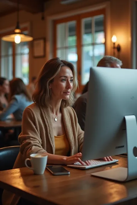 hyperrealistic photo of a 45-year-old woman working with a computer in a warm and cozy cafeteria 
