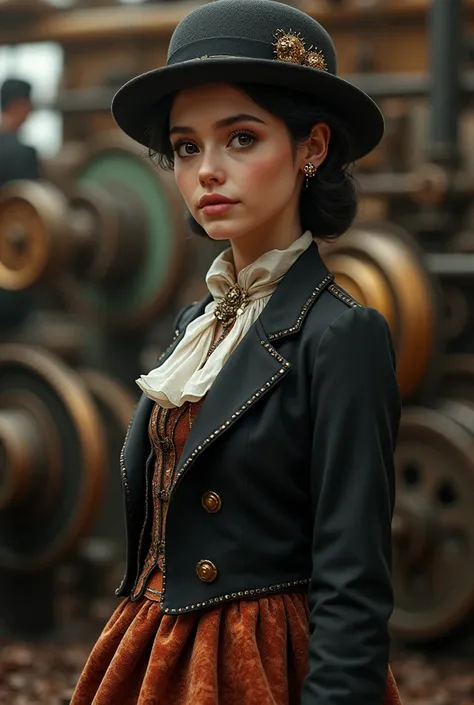 (photorealism:1.2),  a character in a steampunk style. She is a germany woman, not sensual, inside a factory steampunk. Her attire is a Very elegant and luxury, maked discret, Simple hat, Her skirt is a cascade of rich, velvety fabric, Feminine, ((Perfect ...