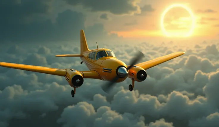 "A time travel-themed YouTube thumbnail showcasing a vintage yellow airplane flying across a surreal landscape. The background features a vast, stormy sky, transitioning into a vibrant, futuristic cityscape on the horizon. The airplane is small but stands ...