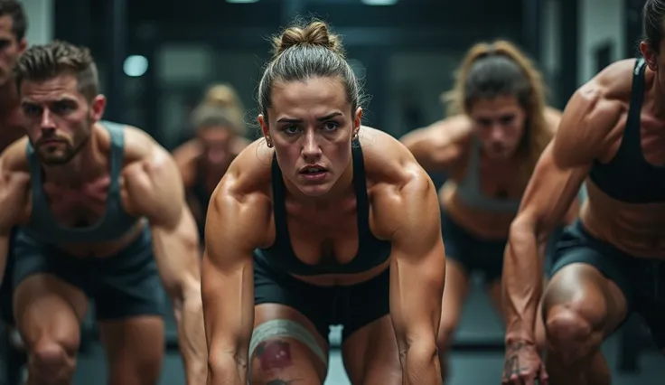 "Create a realistic and emotional scene showing individuals pushing themselves to the limit during intense exercise. The image should include a mix of men and women in a gym or outdoor fitness environment, with serious and determined facial expressions. So...