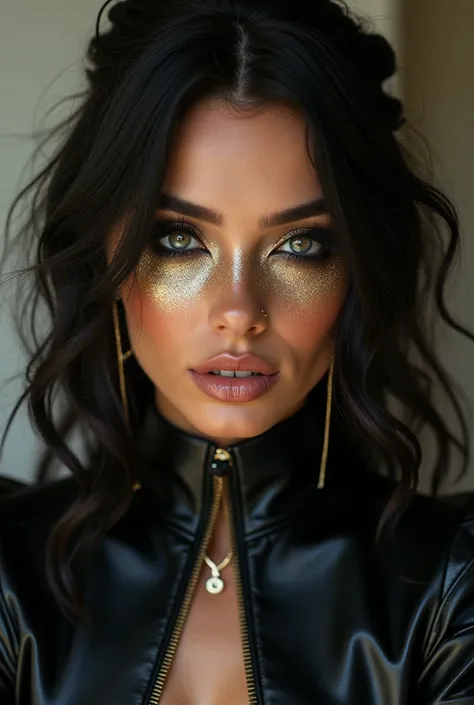 An award-winning portrait of A beautiful female, . Maxim magazine cover girl wearing a sexy ,  makeup inspired by a black leather outfit .  She has an interesting ,  and is captured in metallic tones .,  outfit that embodies the essence of maximalism and s...