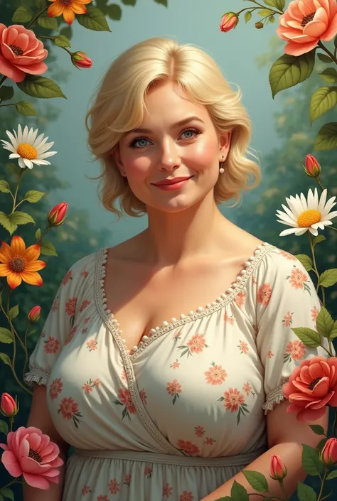 Make a slightly old fat blonde woman with flowers in the background