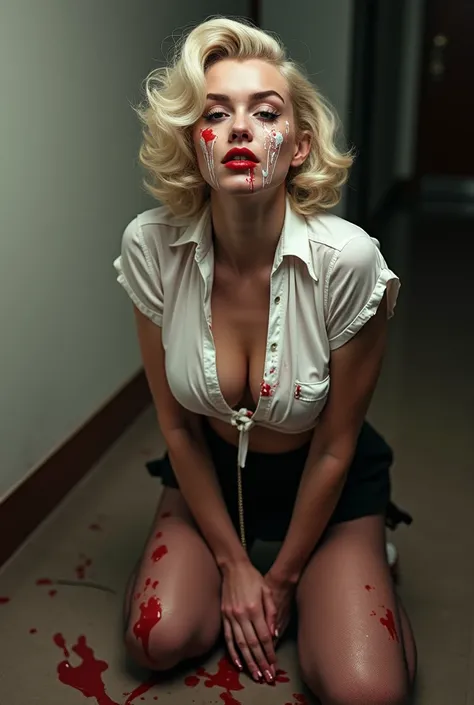 Marilyn Monroe, kneeling big tits slutty schoolgirl, kneeling, white spatter on face 