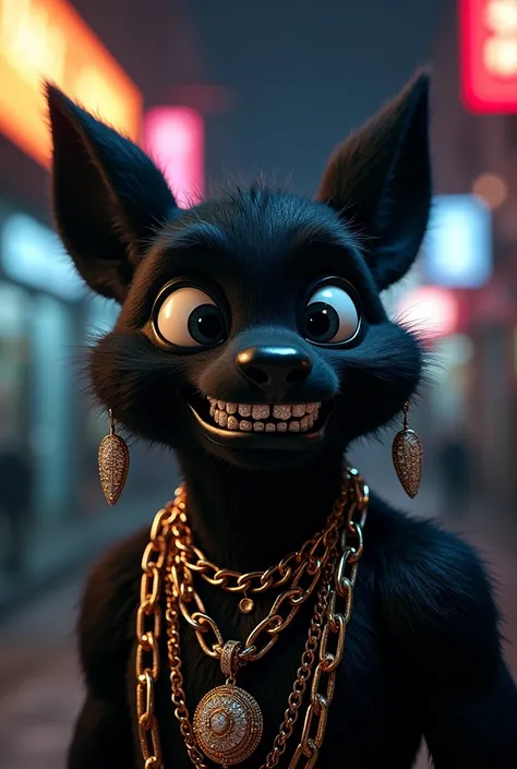 (photorealism:1.2), black cartoon character, chain, jewelry, iced out teeth, dark environment 