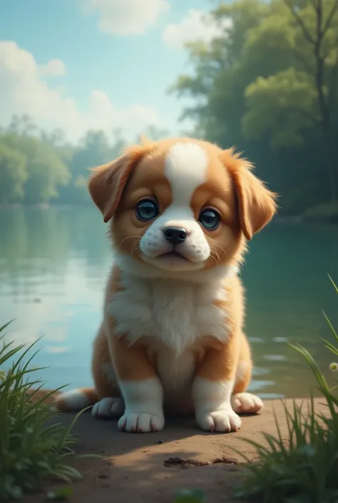 Image of a crying puppy in front of a lake 