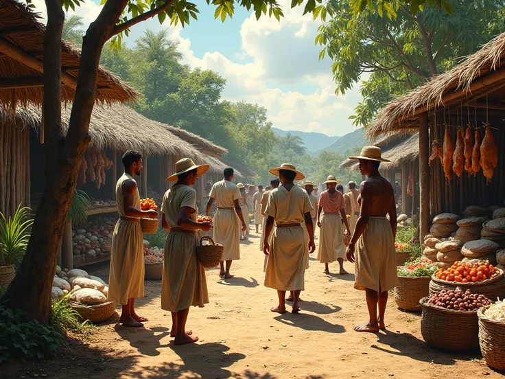  vegetable barter system piled on the floor and savory meat hanging from nearby tree branches .  They are dressed in simple raw cotton clothes ,  some women wearing long skirts and straw hats ,  while the men wear linen pants and light shirts .  The landsc...