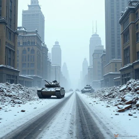 8K, photorealistic photos.A view of a wide, ruined street full of rubble, in the distance you can see the ruins of tall skyscrapers, snow is falling. Everything was covered with a thick layer of snow. In the middle of the road in the distance you can see t...