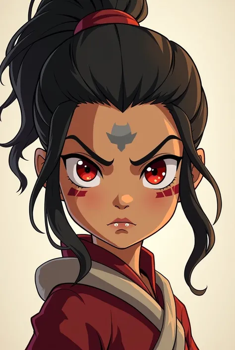 An cartoon
 girl designed with avatar korra style
Iwant it to be a dark charecater red eye with strong look a warrior girl in 