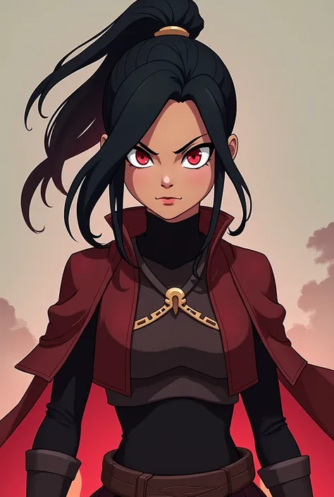 An cartoon girl designed with avatar korra style 
Iwant it to be a dark charecater red eye with strong look a warrior girl in  standing