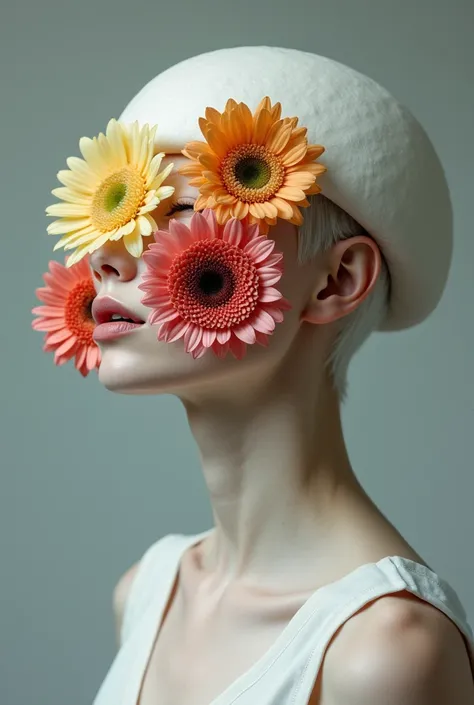 Surrealism theme, master photography, high-end gray background, close-up of the upper body of a white mushroom-headed short-haired beauty, beautiful neck and collarbone, she has no face, her face is replaced by flowers of various colors, the focus of the p...