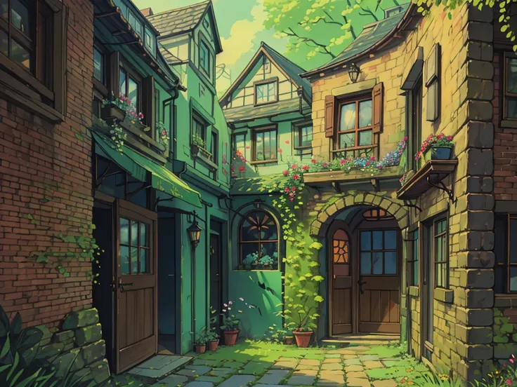 "A distant view of a cozy café with a perspective focusing on the door. The café is adorned with ivy and colorful flowers that cascade over the entrance and walls, creating a warm, inviting atmosphere. The surroundings include soft natural light, lush gree...