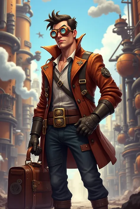 A 24 year old man, with steampunk style, merchant. Make a drawing in the game art style 