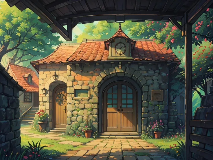 A distant view of a charming café, with the perspective focused on a door. The door is surrounded by lush ivy and vibrant flowers, creating a natural, almost magical frame around the entrance. The café itself is a rustic, cozy building, partially obscured ...