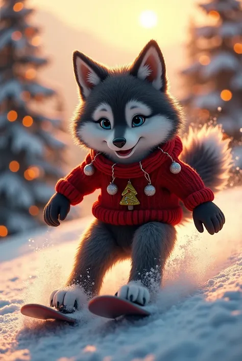 A majestic anthropomorphic wolf, with thick black and silver fur shining in a golden winter light, snowboards with perfect control. The wolf, dressed in a red wool sweater embroidered with stylish Christmas decorations. The background is a mix of snow-capp...