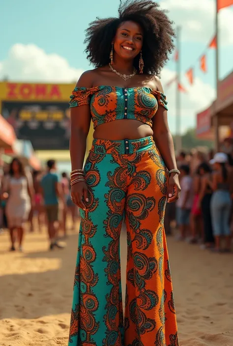 A curvaceous Black woman in a white off-the-shoulder crochet crop top paired with high-waisted, flared Ankara pants in shades of turquoise, orange, and black. She accessorizes with bold earrings, stacked bangles, and platform sandals, her hair styled in a ...