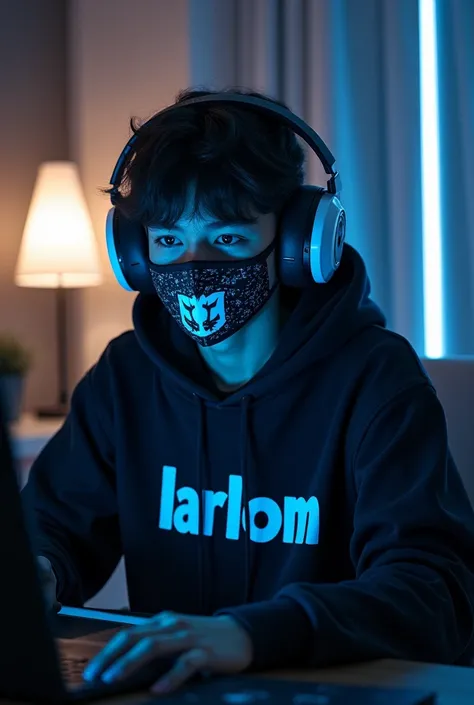 A teenage gamer with a  with a cool black and white full face mask and blue headphones and wearing a hoodie whith a word in the hoodie that says Larlom and hes face covered also the view i want to be third person 

