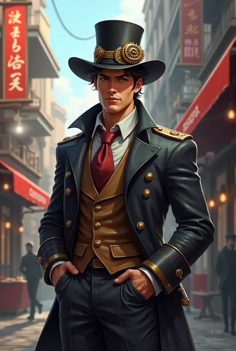 A 24 year old man, with steampunk style, merchant, Cartola hat, coat. Make a drawing in the game art style 