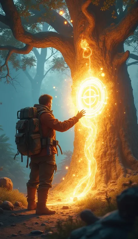  An explorer being surrounded by a bright and blinding light, while touching the trunk of a tree with a magic symbol .  The surrounding scenery begins to fade in brilliant energy ."