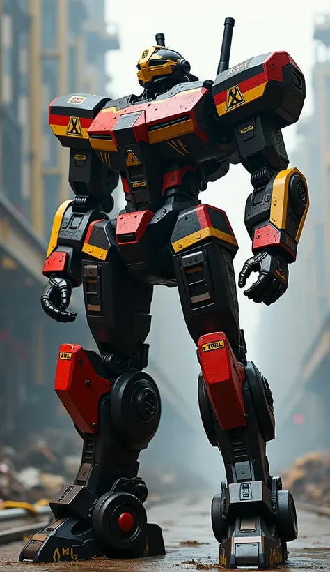 "Design a massive robot with sleek black, red, and yellow armor, mimicking the German flag. The robot should have strong, mechanical features with sharp angular edges and a solid, industrial look."