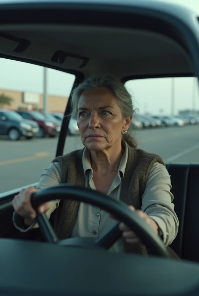  woman sitting inside of her car in a parking lot  she looks stressed