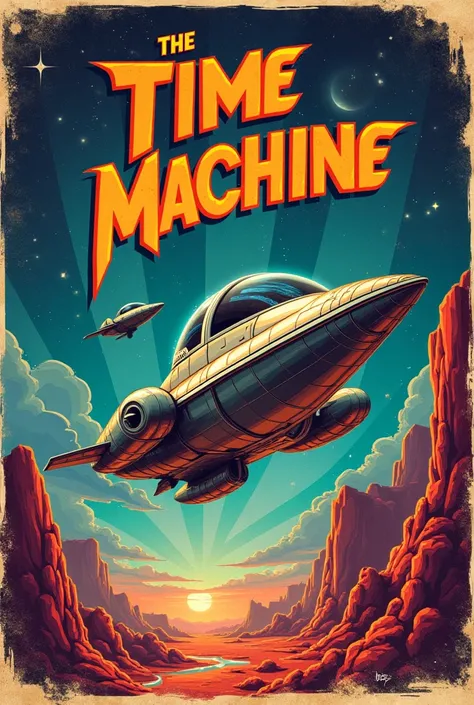 Affiche de cinéma style année 70 avec comme titre et thème "LA MACHINE À EXPLORER LE TEMPS " avec comme illustration un vaisseau qui permet ce voyage dans le temps