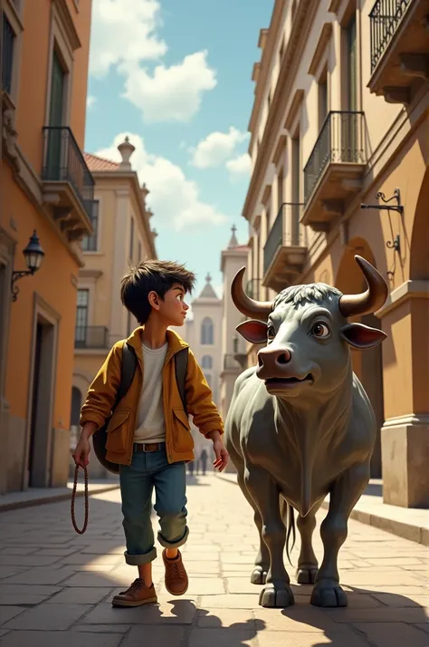 Lazarillo in Salamanca with a stone bull smiling 