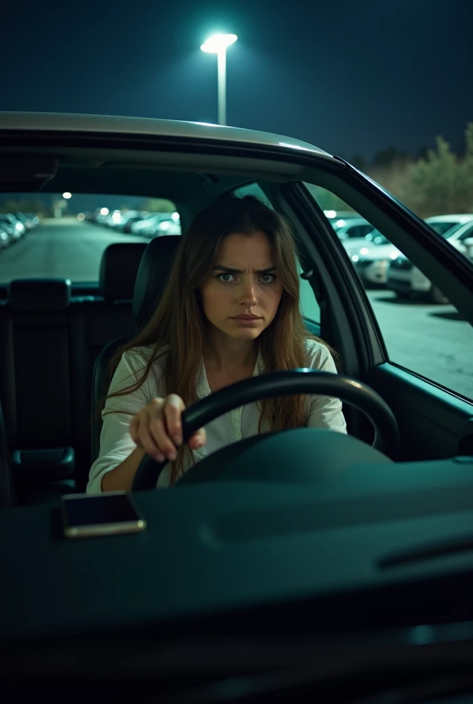 Young woman sitting inside of her car in a parking lot  she looks stressed