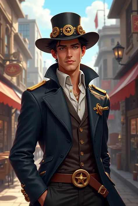 A 24 year old man, with steampunk style, merchant, Cartola hat, coat. Make a drawing in the game art style 