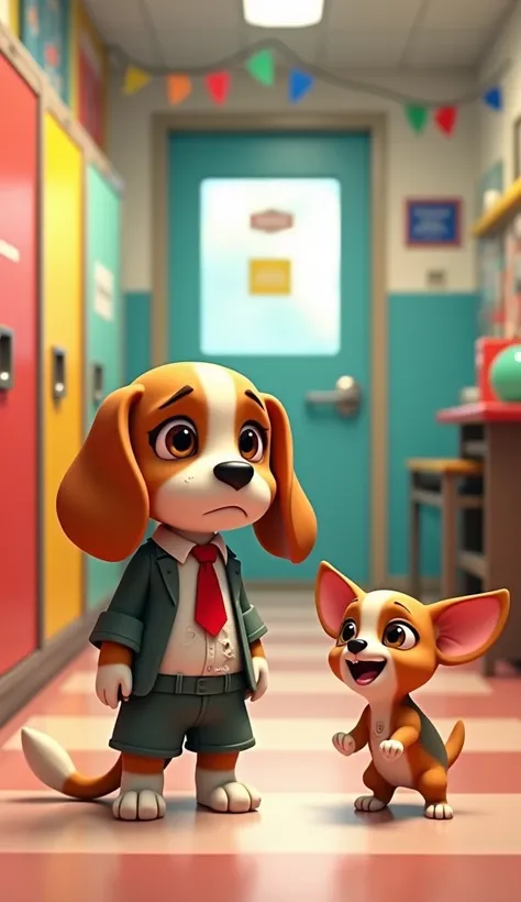 A vibrant cartoon-style school hallway with colorful lockers and playful decorations. A sad beagle puppy with big, teary eyes, dressed in a school uniform with a torn white shirt and red tie, stands looking shy and embarrassed. Nearby, a cheerful Chihuahua...