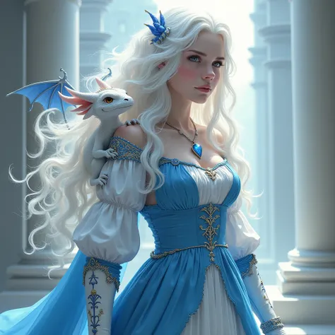    A woman with white hair ,  with waves in the hair ,  A blue white dress ,  and knee-high white with blue boots ,  with a white little dragon on the shoulder,kurvigen körper, Fantasy style ,   medieval style   (Masterpiece in high resolution)
