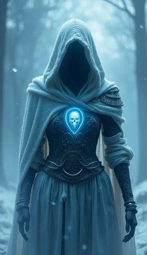 A ghostly female silhouette. Messenger of Ice God. Undead . Screaming.frozen armor. Cracked armor. Canvas hood. Runic circle. Elements. Ice from inside. Glowing eyes. Bokeh blur. ral-dissolve. photorealistic, BadDream 