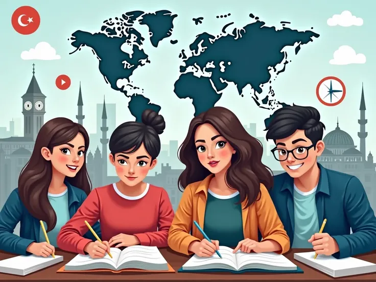 This is a banner of an English language class with hardworking 2 students, one boy and one girl, looking modern but modest. This banner contains İstanbul, World and bright colors.