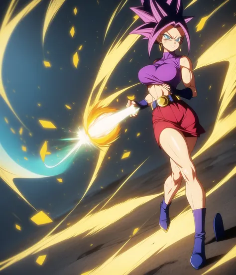 dbsuper style, 
Petite Girl, green aura, super saiyan aura, belt, purple colored hair, huge hair, bruise, bruise on face, clenched hands, frown, Mages hat, gloves, blue eyes, grey gloves, evil grin, medium breasts, petite, soft muscles, solo, spiked hair, ...