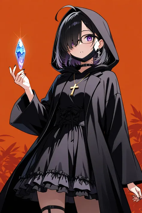  high definition ,  High Quality 、solo、woman、
 black hair、Ahoge, , Orange sideburns ,  black mask 、 holding a crystal in his right hand 、 cross necklace、 glasses that are not in {x} degrees、Im wearing a black robe、 wearing a black hood、Background white、who...